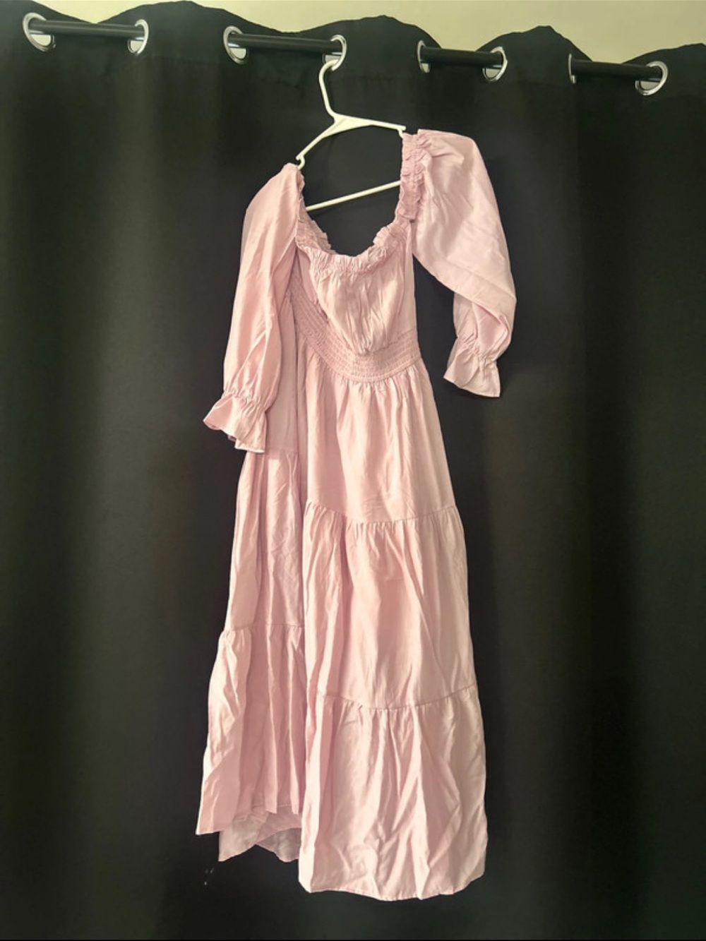 Amazon Pink Tiered Smocked Midi Dress with Ruffled Neckline